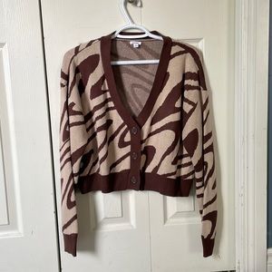 Garage cardigan in a brown and tan pattern, size large.